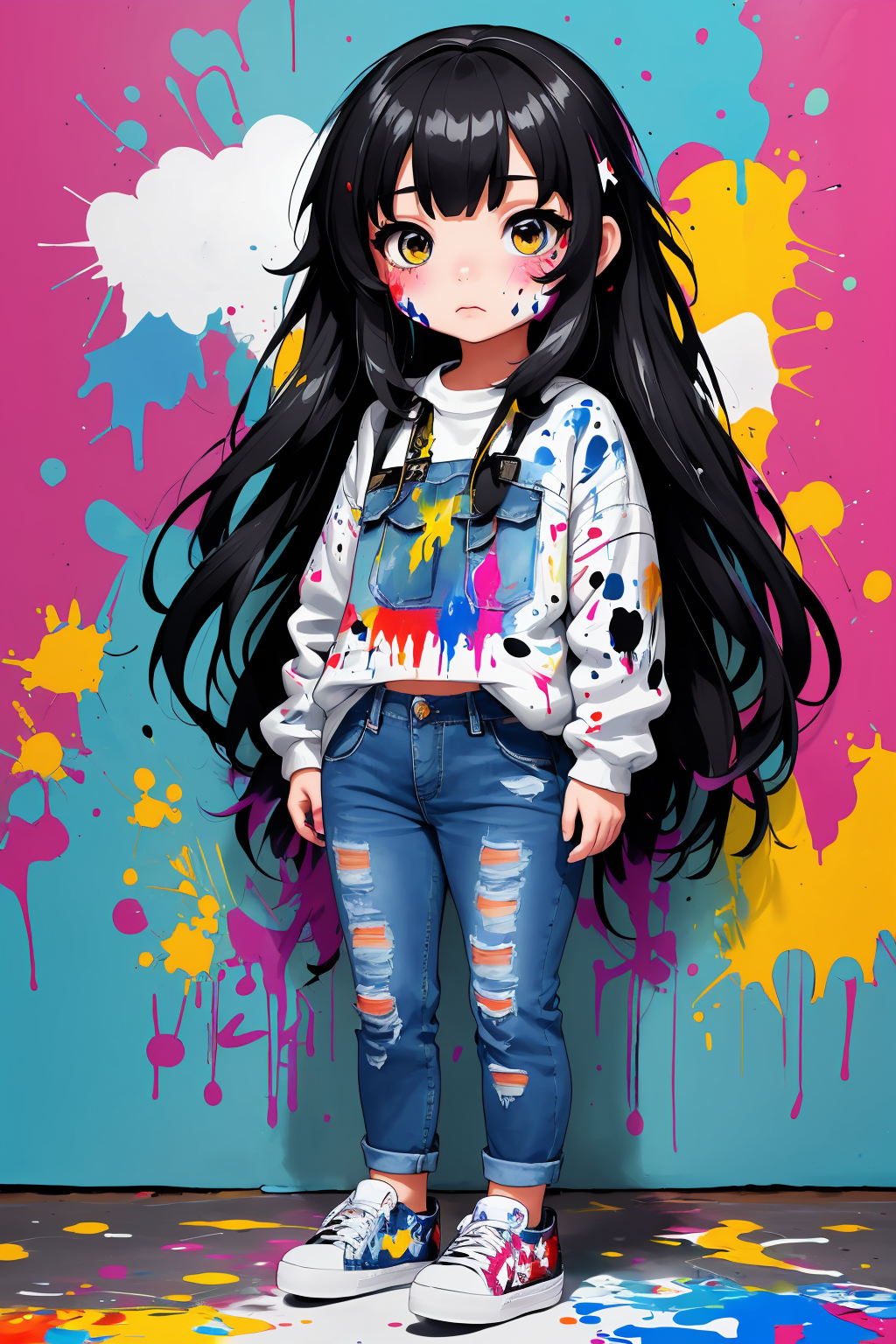 00544-958223849-masterpiece,best quality,1girl,chibi,cute,big head,graffiti,Black hair,Long hair,Staring blankly,(Artist_smock_1.4),(Paint-splat.png